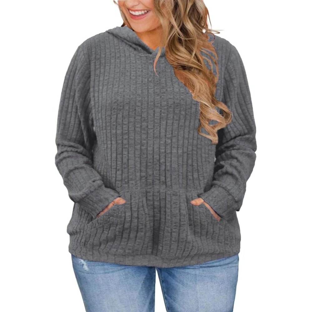 Plus Size Hoodie Women Casual Ribbed Knit Long Sleeve Pullover Sweatshirt